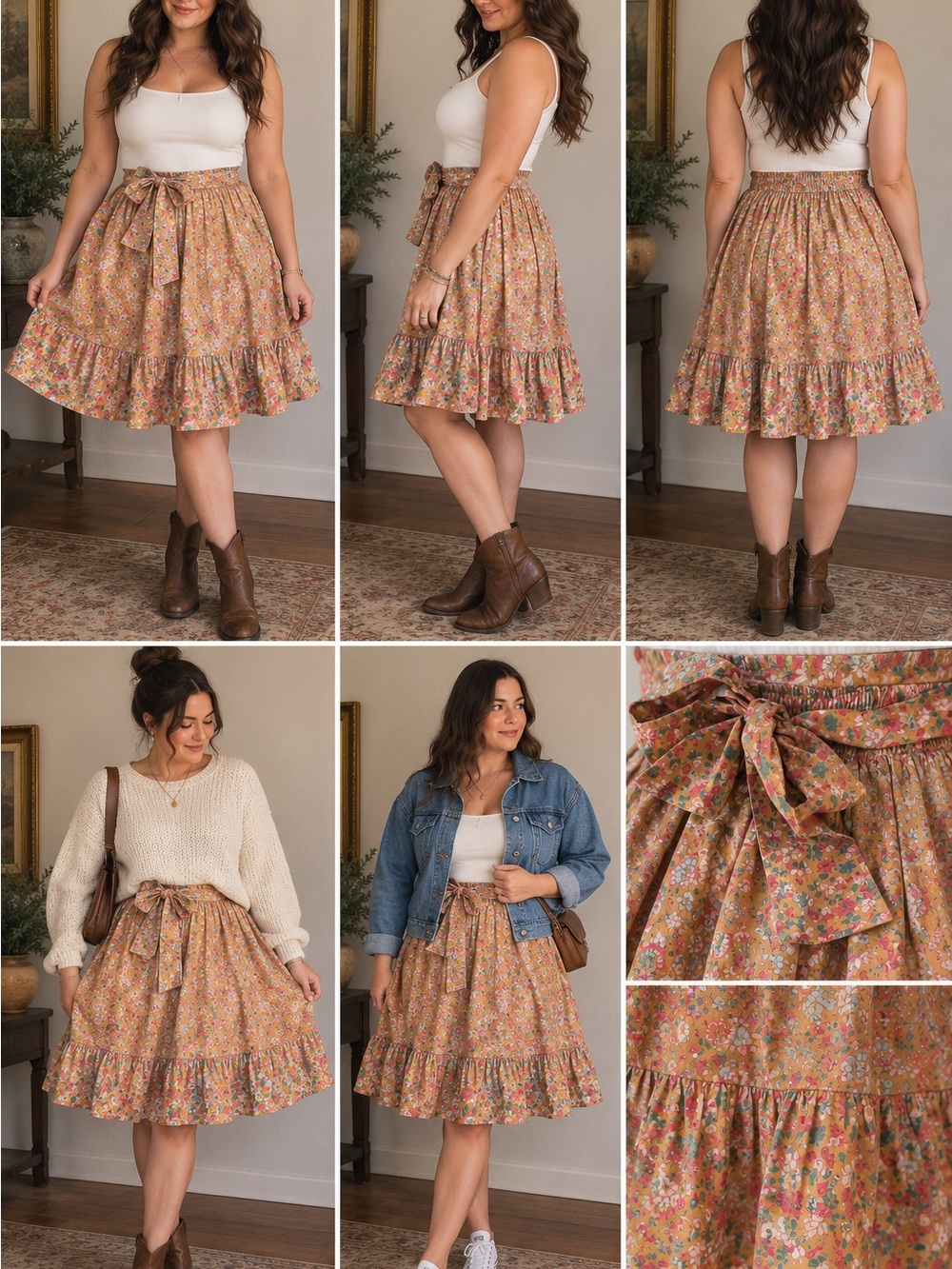 DownEast Floral Tiered Midi Skirt — Rust Multi